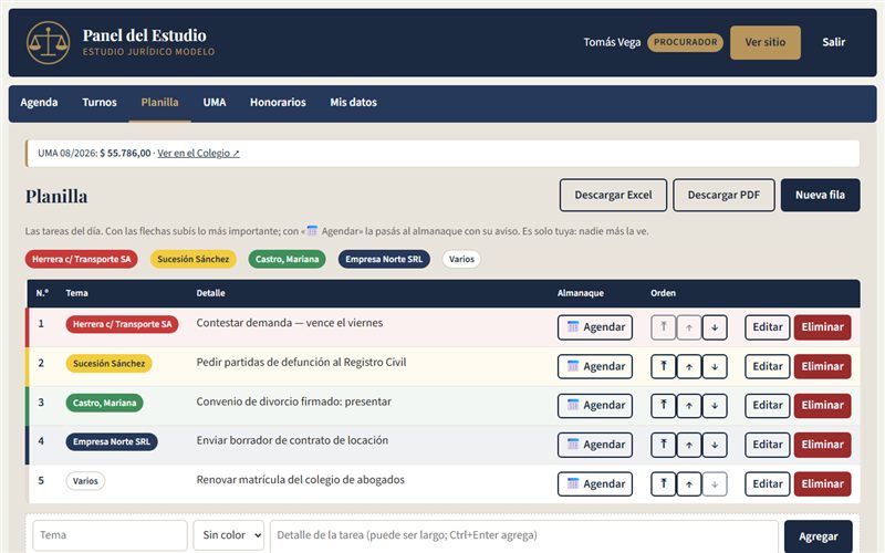 Planilla con cinco tareas de distintos casos, cada una con su color