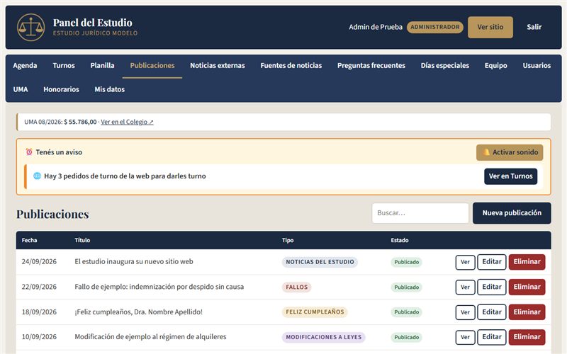 Lista de publicaciones con su fecha, tipo y estado